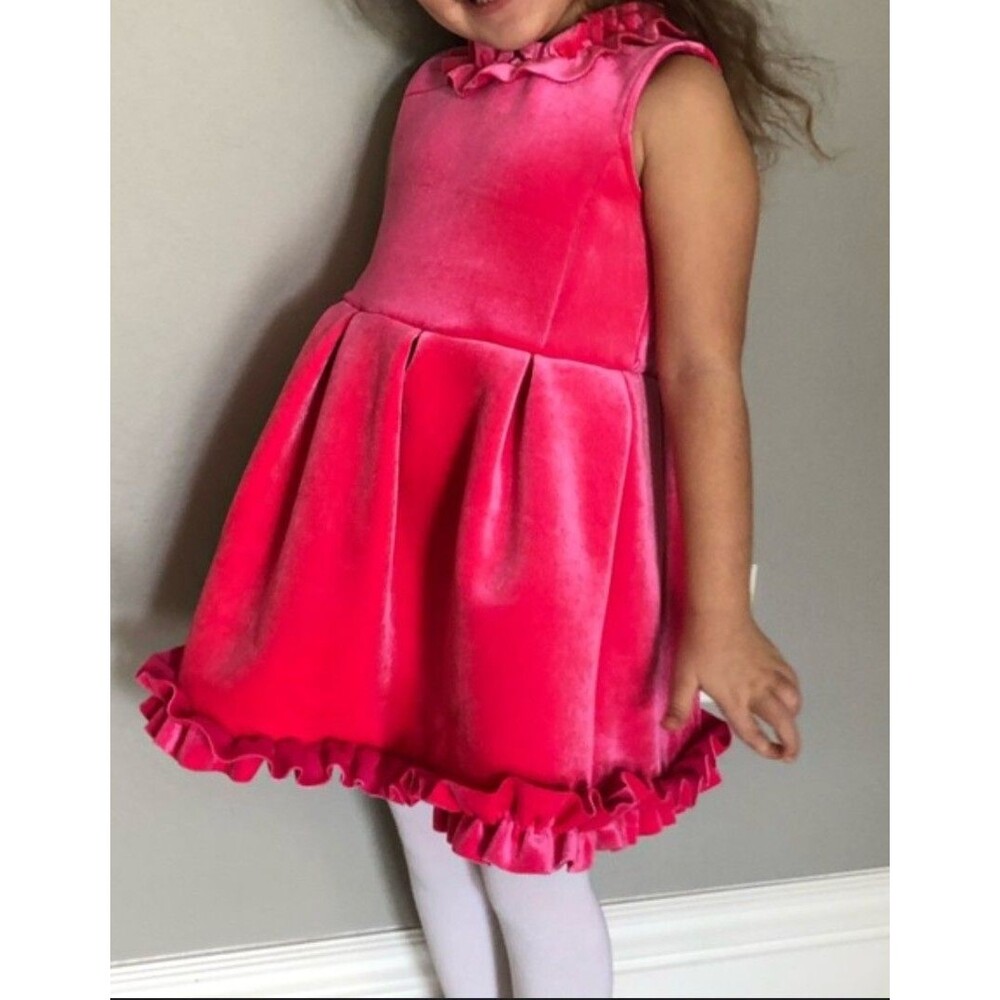 OshKosh Toddler Girls Pink Velvet Party Dress 2T Ruffle Trim Fit Flare Dressy